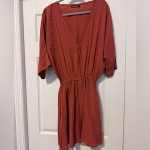 Burnt Orange Erika Peña V Neck Short Sleeve Flowy Dress, Hidden Buttons&pockets.